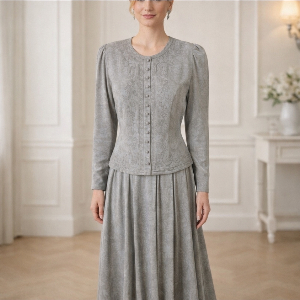 Vintage Karin Stevens Gray Midi Dress with Buttoned Bodice